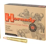 Hornady HRNDY DG 375H&H 300GR DGX BND 20/120 tan ammunition box with three brass cartridges