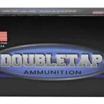 DoubleTap Ammunition DBLTAP black ammunition box, front view with blue and silver logo