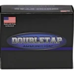 DoubleTap Ammunition DBLTAP black ammunition box, front view with blue and silver logo