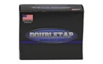 DoubleTap Ammunition DBLTAP black ammunition box, front view with blue and silver logo