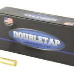 DoubleTap Ammunition DBLTAP 32 H&R 60GR LF HP 20/1000 black box angled right with two brass cartridges