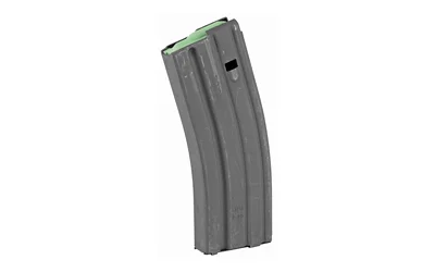 Colt's Manufacturing MAG COLT AR15 black curved magazine, side view with green follower