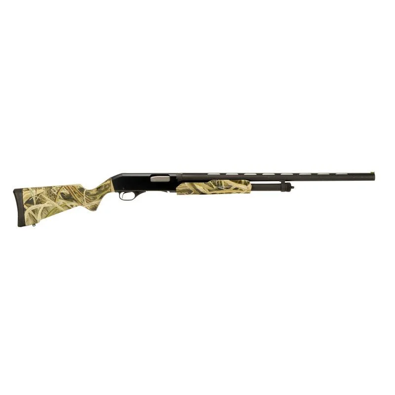 primary-75 STEVENS 320 FIELD camo shotgun in left-side view with black barrel and synthetic stock