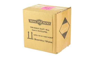 primary-7525 REAL AVID TRI-MAX CLP 4OZ 12PK PDQ brown cardboard case shown from front and side