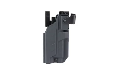 BLACKPOINT SLCK DTY LT-H FOR GLK 17, black molded holster with belt attachments, angled side view