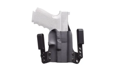 BlackPoint Tactical Mini Wing for GLK 19 RH BLK, black holster front view with belt clips