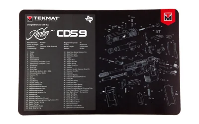primary-7601 TEKMAT KIMBER CDS9 black cleaning mat, top view with white parts diagram and text