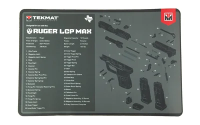 primary-7605 TEKMAT RUGER LCP MAX CLEANING MAT gray mat, top view with parts diagram and text