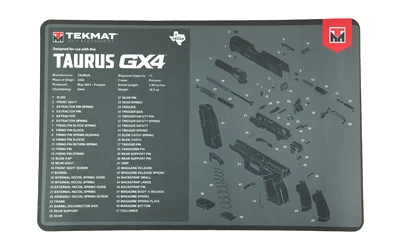 primary-7606 TEKMAT TAURUS GX4 CLEANING MAT, gray top view with firearm parts diagram and red logo