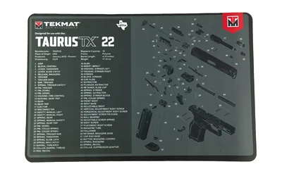 primary-7607 TEKMAT TAURUS TX22 CLEANING MAT, gray top view with firearm parts diagram and red logo