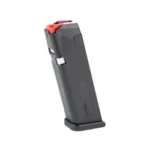 Global Ordnance magazine for Glock 17/34/47 black magazine with red follower, angled side view