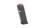 Global Ordnance magazine for Glock 17/34/47 black magazine with red follower, angled side view
