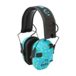 Walker's Razor SLM Elec Muff Blue SPR, angled view with bright blue patterned cups and black headband
