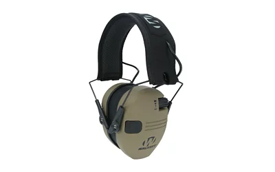 WALKER'S RAZOR COMPACT ELEC MUFF FDE tan earmuffs, angled front view with black padded headband
