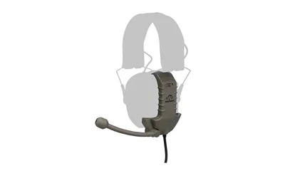 primary-7649 WALKER'S RAZOR COM LINK W/PTT FDE, flat dark earth side view with boom microphone and cable