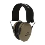 WALKER'S RZR CMPCT PASSIVE MUFF FDE folding earmuffs, front view with tan ear cups and black headband