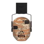 Walker's RZR SLM ELEC MUFF D TGR STRP folded earmuffs in front view with camouflage ear cups