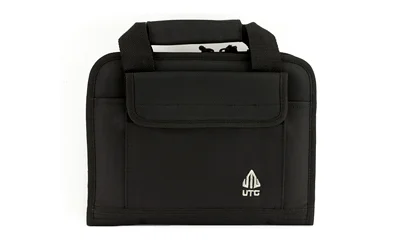 primary-7674 UTG DELUXE SINGLE PISTOL CASE BLK black zippered soft case, front view with carry handle