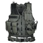 UTG LE tactical vest, black, front view with multiple pouches, straps and buckled waist belt