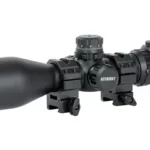 UTG 3-12X44 SWAT CMPCT MDOT W/RINGS, black compact scope with flared objective, turrets and rings