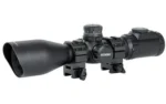UTG 3-12X44 SWAT CMPCT MDOT W/RINGS, black compact scope with flared objective, turrets and rings