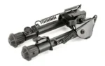 UTG TACT OP BIPOD W/QD LVR MNT, black folded angled view with twin legs, springs and lever mount