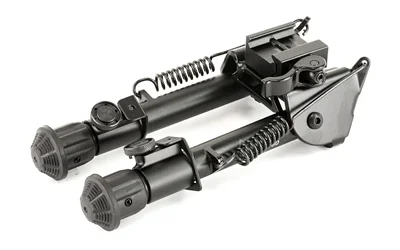 UTG TACT OP BIPOD W/QD LVR MNT, black folded angled view with twin legs, springs and lever mount