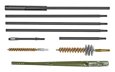 UTG AR15 Cleaning Kit with Pouch, rods, brushes and green cleaning tool laid out