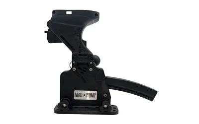 primary-7689 MAGPUMP MP5/SP5 Loader, black side view with upright hopper and curved magazine inserted