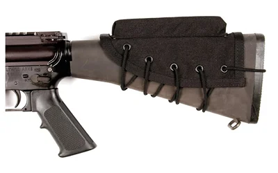 primary-7738 BLACKHAWK BH CHEEKPAD BLK black right-side view mounted on a rifle stock with lace-up cords