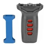 UTG SUPER-SLIM VRTCL FOREGRIP MLOK gray vertical foregrip with red inserts and blue accessory