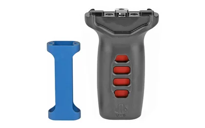 UTG SUPER-SLIM VRTCL FOREGRIP MLOK gray vertical foregrip with red inserts and blue accessory