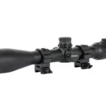 UTG 4-16X44 AO 36-CLR MDOT W/RNG, black scope in right-side view with adjustment turrets and rings