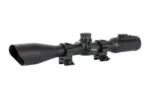 UTG 4-16X44 AO 36-CLR MDOT W/RNG, black scope in right-side view with adjustment turrets and rings