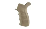 UTG PRO AR15 AMBID PISTOL GRIP, FDE side view with finger grooves and textured panels