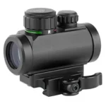 UTG 2.6" ITA RED/GRN DOT SIGHT W/MNT, black angled side view with adjustment knobs and lever mount