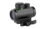 UTG 2.6" ITA RED/GRN DOT SIGHT W/MNT, black angled side view with adjustment knobs and lever mount