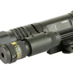 UTG LED FLSHLGHT W/ADJST RED LASR black flashlight and laser, angled view with QD lever