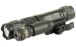 UTG LED FLSHLGHT W/ADJST RED LASR black flashlight and laser, angled view with QD lever