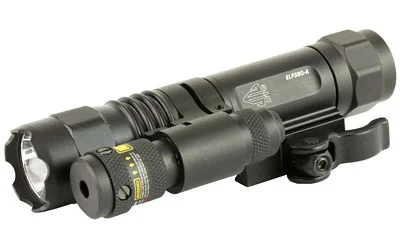 primary-7823 UTG LED FLSHLGHT W/ADJST RED LASR black flashlight and laser, angled view with QD lever