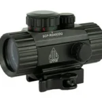 UTG ITA RED/GRN CRCL SGHT, black angled side view with adjustment knobs and rail mount