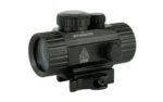 UTG ITA RED/GRN CRCL SGHT, black angled side view with adjustment knobs and rail mount