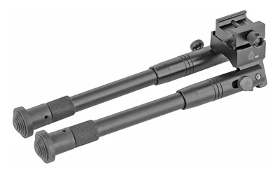 UTG UNIV BIPOD-TACT/SNIPER PRO ADJ, black folded angled view with long twin legs and mount