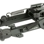 UTG SPR DTY BIPOD W/QD LVR MNT 6-8, folded black bipod in angled side view with textured feet