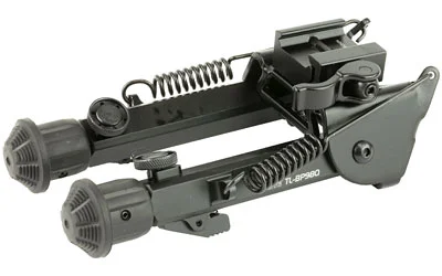UTG SPR DTY BIPOD W/QD LVR MNT 6-8, folded black bipod in angled side view with textured feet