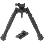 UTG RECON 360 7-9 CENTER HT BIPOD, black front view with legs extended and separate mount