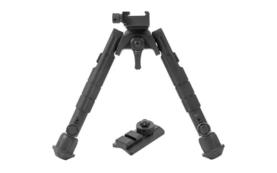 UTG RECON 360 7-9 CENTER HT BIPOD, black front view with legs extended and separate mount
