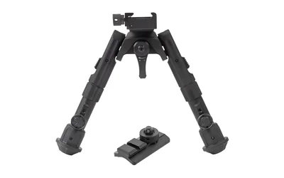 UTG RECON 360 5.5"-7" CNTR HT BIPOD, black front view with splayed legs and detached mount