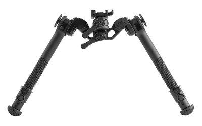UTG GOLIATH BIPOD 8"-12" PICATINNY, black front view with long splayed legs and rubber feet