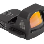 Leapers UTG UTS OP3 Micro, black reflex sight in three-quarter view with amber lens and adjustment dials